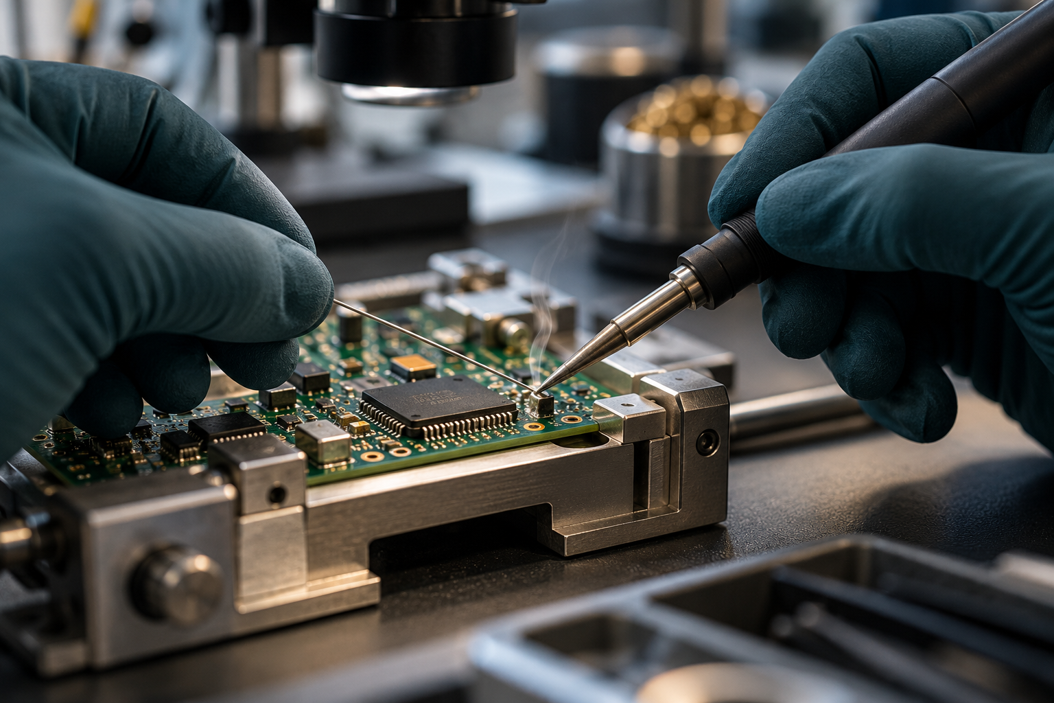 Illustrative scene of a technician carefully soldering a circuit-board joint at a professional workbench